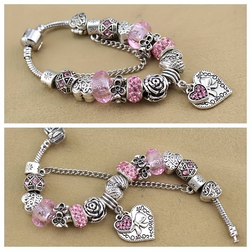 Pink Crystal Heart Pendant Bracelet Titanium Steel Chain